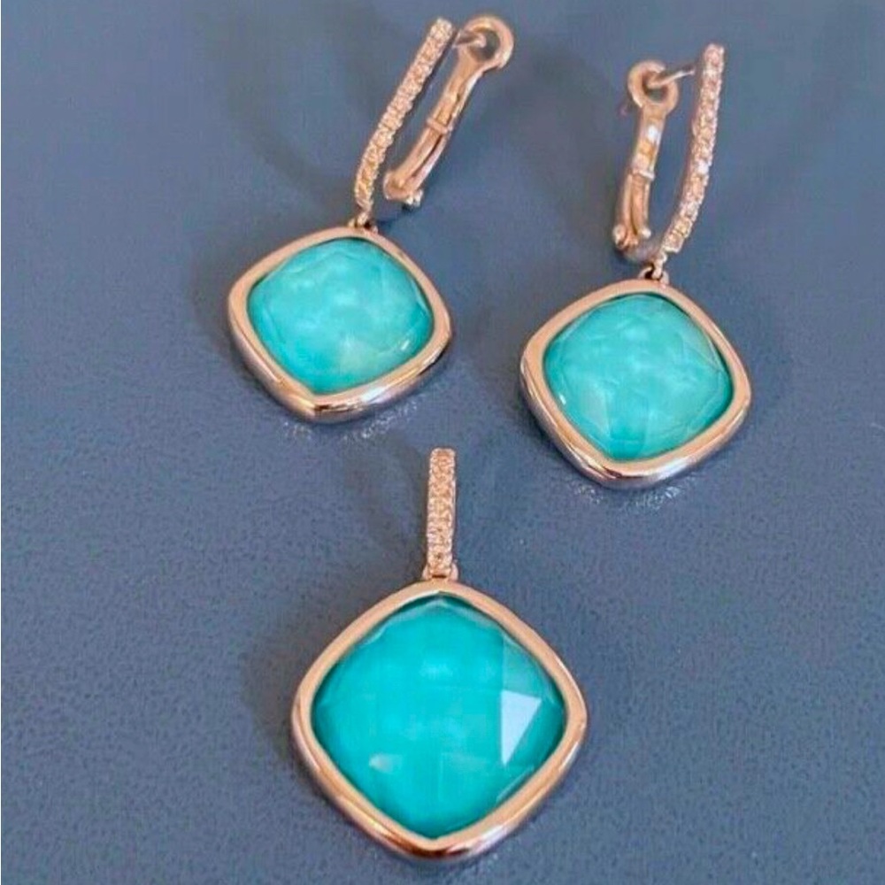 18K White Gold Turquoise Diamond Earrings and Pendant Set- Doves by Doron Paloma